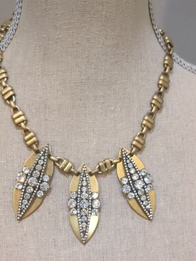 Vintage J Crew Gold Statement Leaf Necklace with Clear Crystals